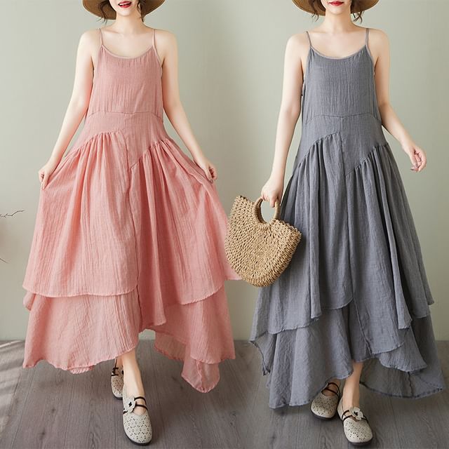 Lewwe-Spaghetti Strap Plain Asymmetrical Plain Midi A-Line Layered Dress