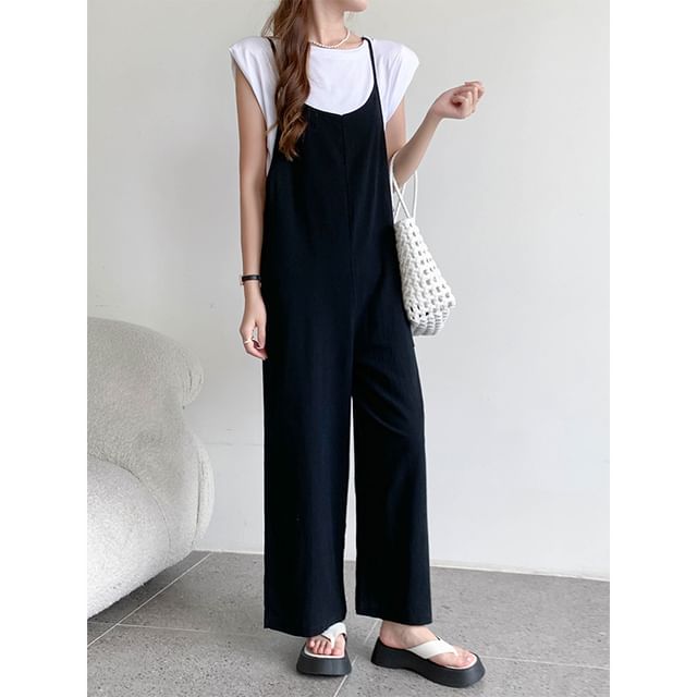 Lewwe-Spaghetti Strap Plain Loose Fit Overalls