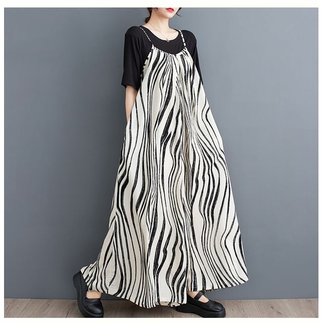 Lewwe-Spaghetti Strap Zebra Print Wide Leg Jumper Pants