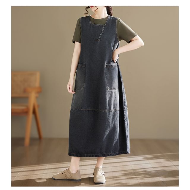 Lewwe-Square Neck Washed Patch Pocket Maxi Loose Fit Denim Overall Dress