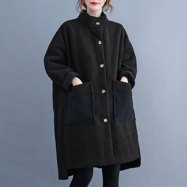 Lewwe-Stand Collar Button-Up Fleece Long Coat