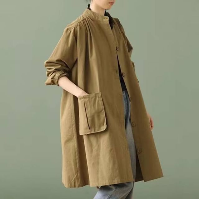 Lewwe-Stand Collar Plain Midi Single-Breasted Coat