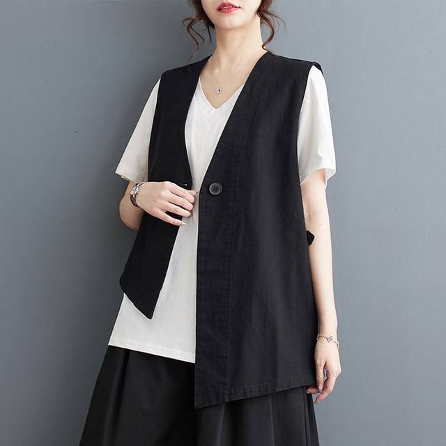 Lewwe-V-Neck Asymmetrical Plain One-Buttoned Vest