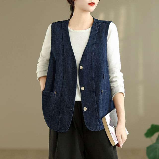 Lewwe-V-Neck Button-Up Denim Vest