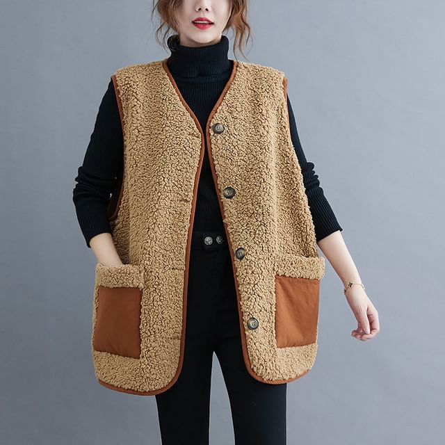 Lewwe-V-Neck Button-Up Fleece Vest