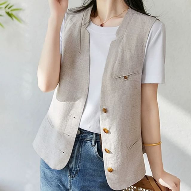 Lewwe-V-Neck Button-Up Linen Vest