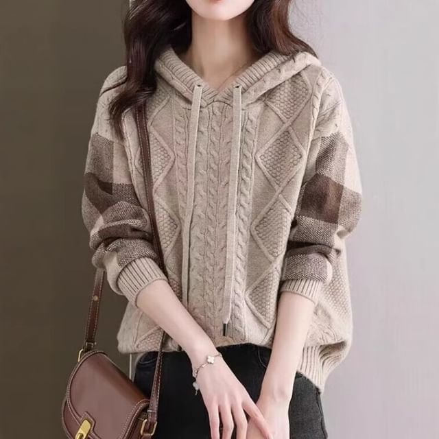 Lewwe-V-Neck Cable Knit Plaid Hoodie
