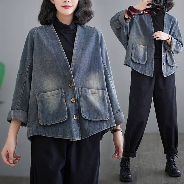 Lewwe-V-Neck Denim Button Jacket