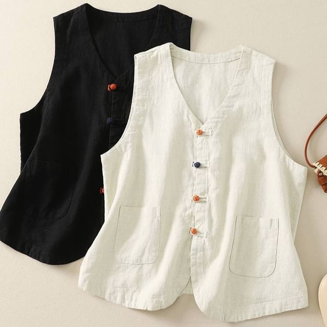 Lewwe-V-Neck Plain Button Vest