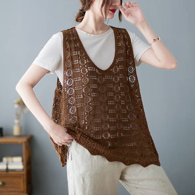 Lewwe-V-Neck Plain Crochet Knit Tank Top
