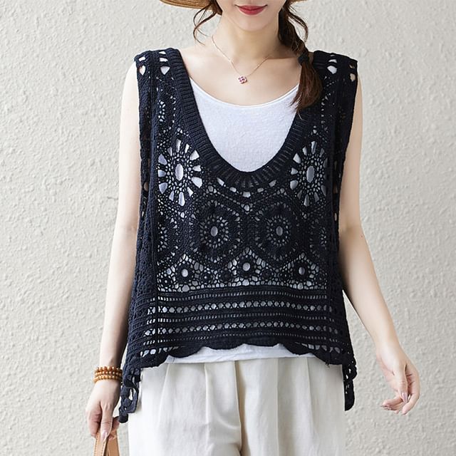 Lewwe-V-Neck Plain Crochet Sweater Vest
