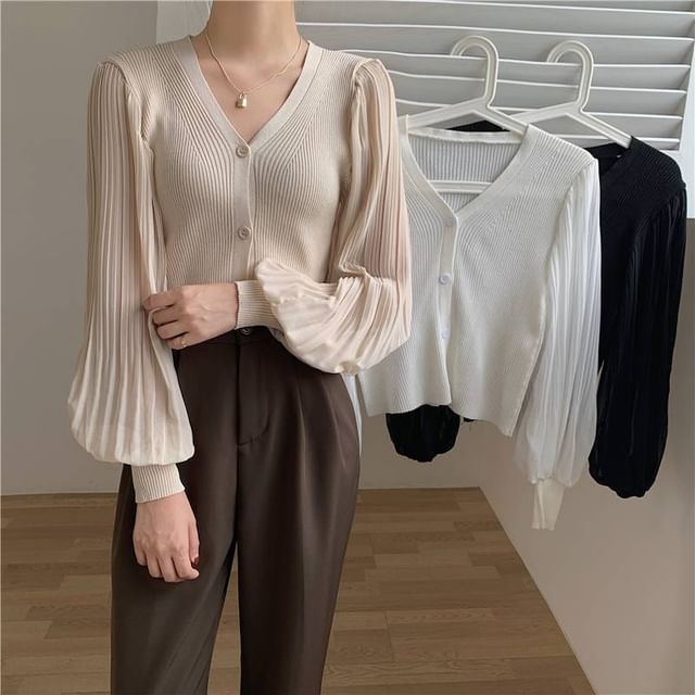 Lewwe-V-Neck Plain Ribbed Knit Button Up Cardigan