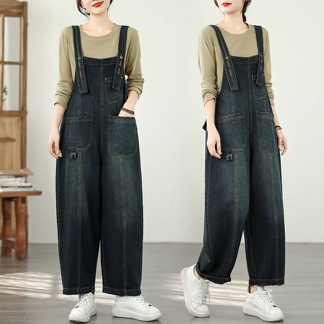 Lewwe-Washed Baggy Denim Jumper Pants
