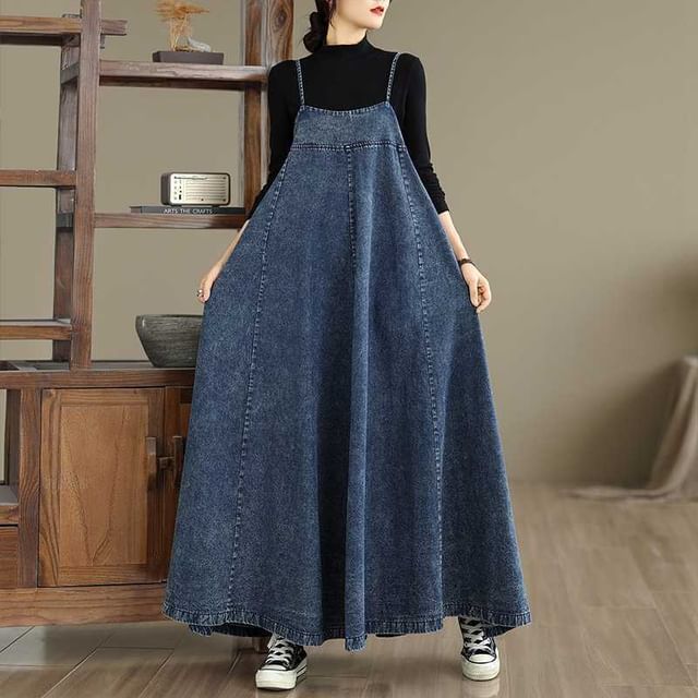 Lewwe-Washed Denim Midi Overall Dress