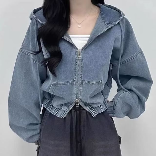 Lewwe-Washed Hooded Zip Denim Jacket