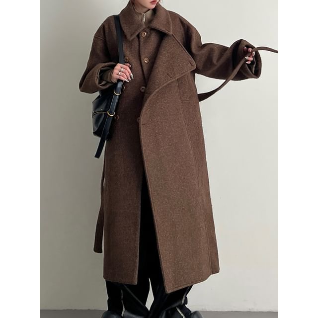 Lexama-Collared Button-Up Plain Long Coat