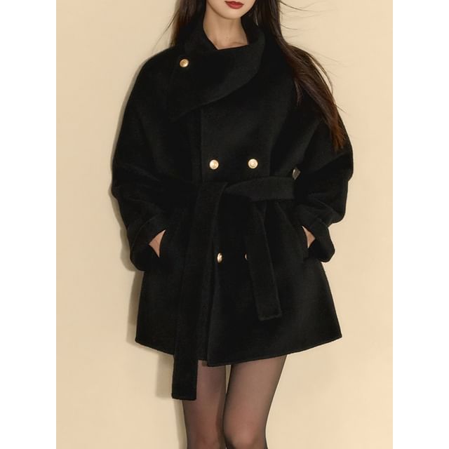 Lexama-Collared Plain Double Breasted Coat
