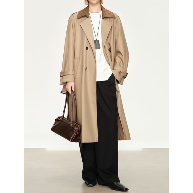 Lexama-Collared Two Tone Midi Double Breasted Trench Coat
