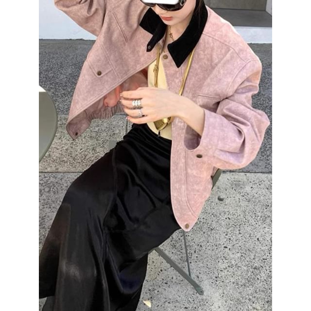 Lexama-Contrast Collar Zip Barn Jacket
