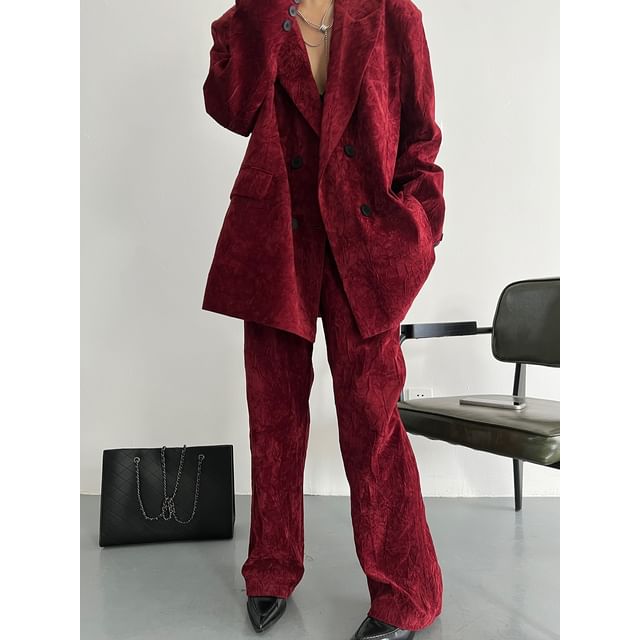 Lexama-Double Breasted Plain Blazer High Waist Wide Leg Slacks