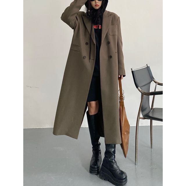 Lexama-Double Breasted Plain Long Coat
