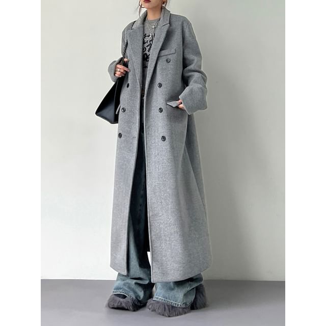 Lexama-Double Breasted Plain Long Coat