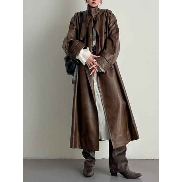Lexama-Faux Leather Button-Up Plain Long Coat