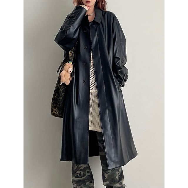 Lexama-Faux Leather Collared Zip-Up Long Coat