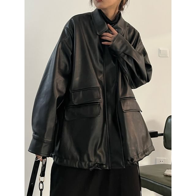 Lexama-Faux Leather Zip-Up Jacket