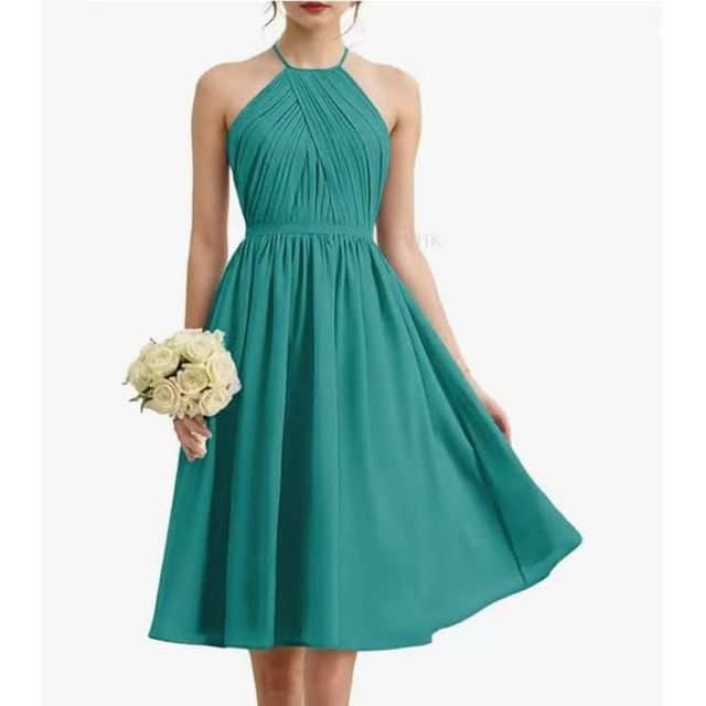 Lexama-Halter Neck Plain Ruched Mini A-Line Dress