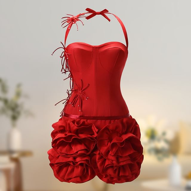 Lexama-Halter Neck Plain Ruffle Trim Party Dress