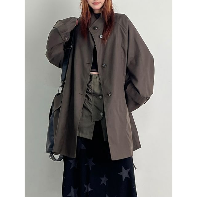 Lexama-High Neck Button-Up Plain Coat