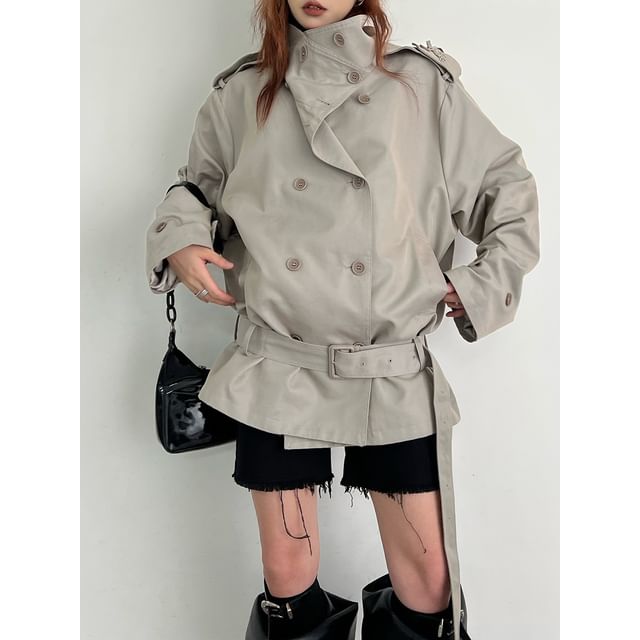 Lexama-High Neck Double Breasted Plain Coat
