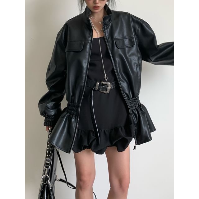Lexama-High Neck Faux Leather Zip-Up Jacket