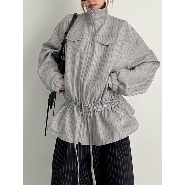 Lexama-High Neck Striped Zip-Up Jacket