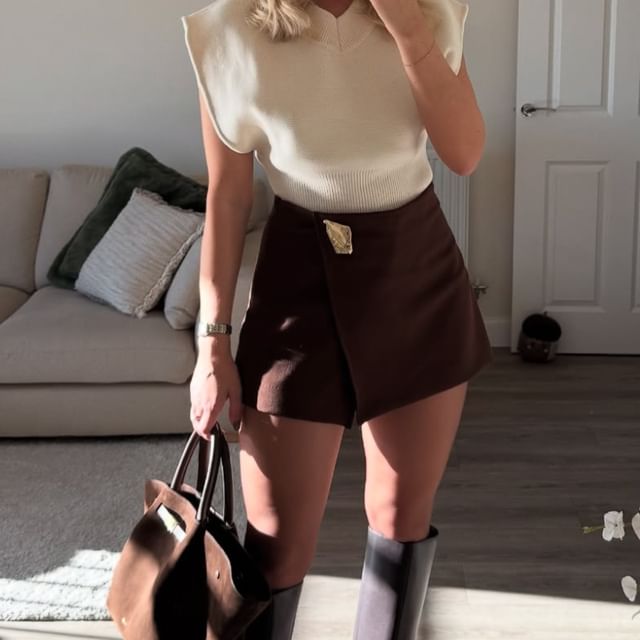 Lexama-High Waist Asymmetrical Plain Skort