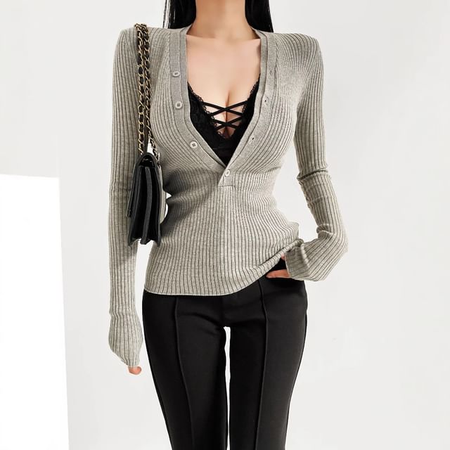 Lexama-Long-Sleeve Plain Ribbed Henley Knit Top