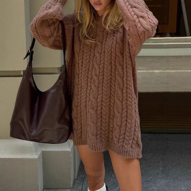Lexama-Long-Sleeve Round Neck Plain Cable Knit Sweater