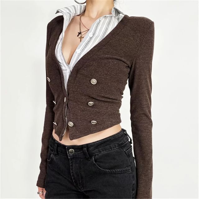 Lexama-Mock Two-Piece Long-Sleeve Collared Striped Panel Button-Up Crop Top