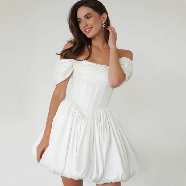 Lexama-Off Shoulder Plain Mini A-Line Party Dress