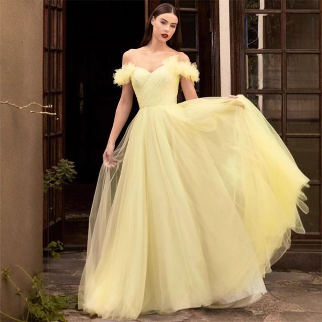 Lexama-Off Shoulder Plain Sheer Panel Evening Gown