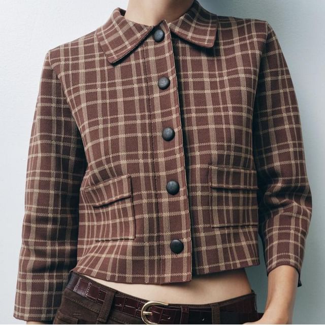 Lexama-Plaid Crop Button-Up Shirt Jacket