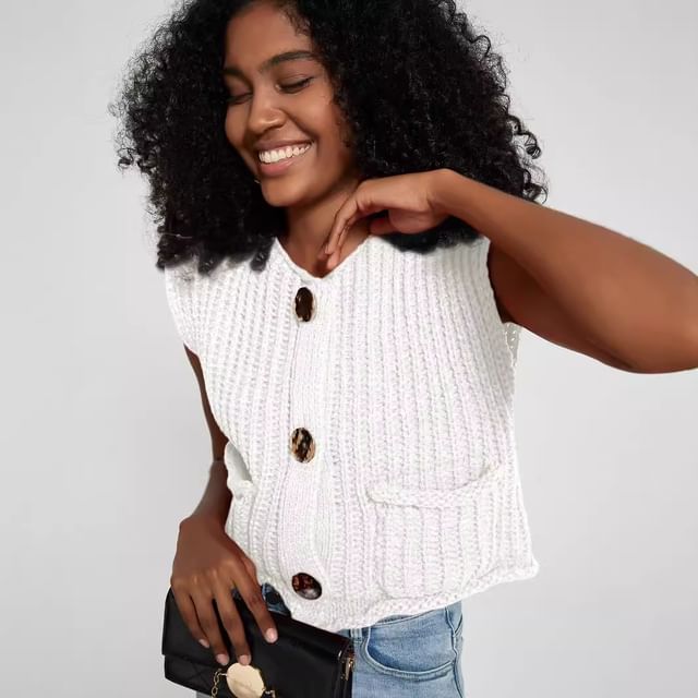 Lexama-Plain Button-Up Knit Sweater Vest