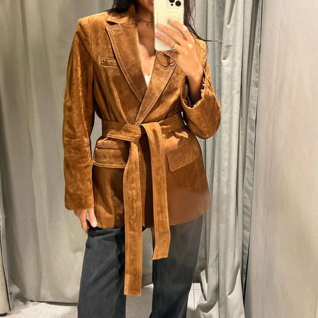 Lexama-Plain Velvet Blazer with Sash
