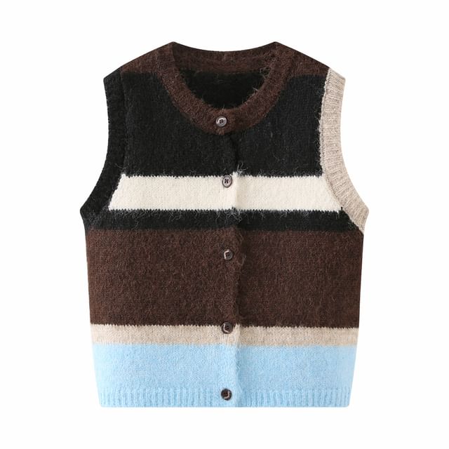 Lexama-Round Neck Striped Button Sweater Vest