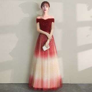 Lexama-Short Sleeve Off Shoulder Gradient Sequin Panel Mesh A-Line Evening Gown