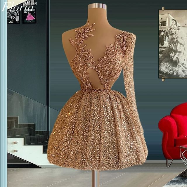 Lexama-Single Long Sleeve Asymmetrical Neck Plain Cutout Sequin Mini A-Line Cocktail Dress