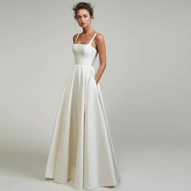 Lexama-Spaghetti Strap Square Neck Plain A-Line Evening Gown