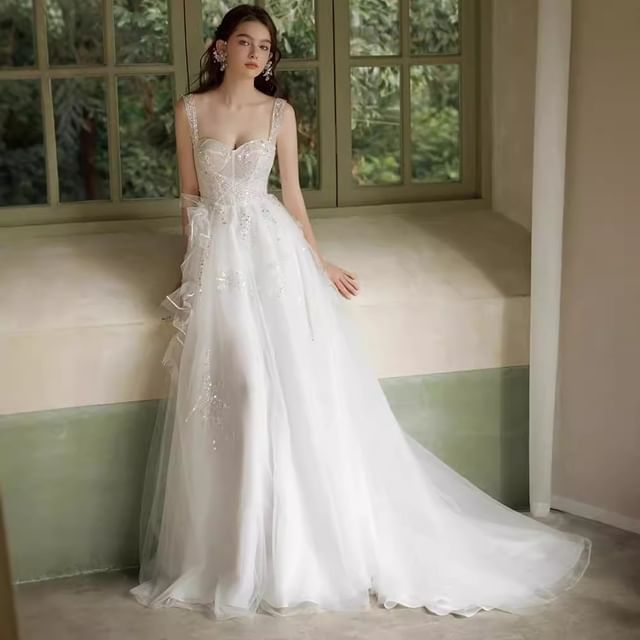 Lexama-Spaghetti Strap Sweetheart Neck Rhinestone Wedding Gown