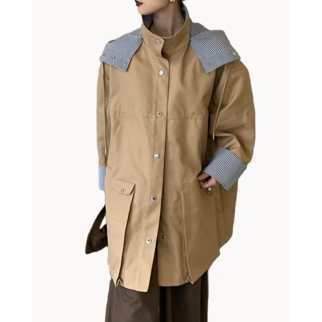 Lexama-Stand Collar Plaid Panel Hood Button Trench Coat